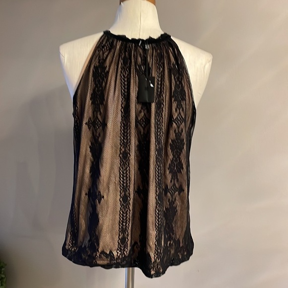BCBGMAXAZRIA Black netting lace / nude crew neckline halter top. size Med - Picture 6 of 13
